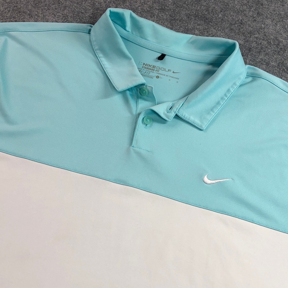 NIKE GOLF Mens Polo Shirt L Light Blue White Dri-FIT Colorblock Standard Fit